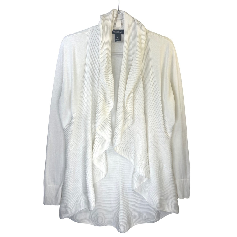 White House Black Market White Cascading Open Front Cardigan Ribbed Sweater L